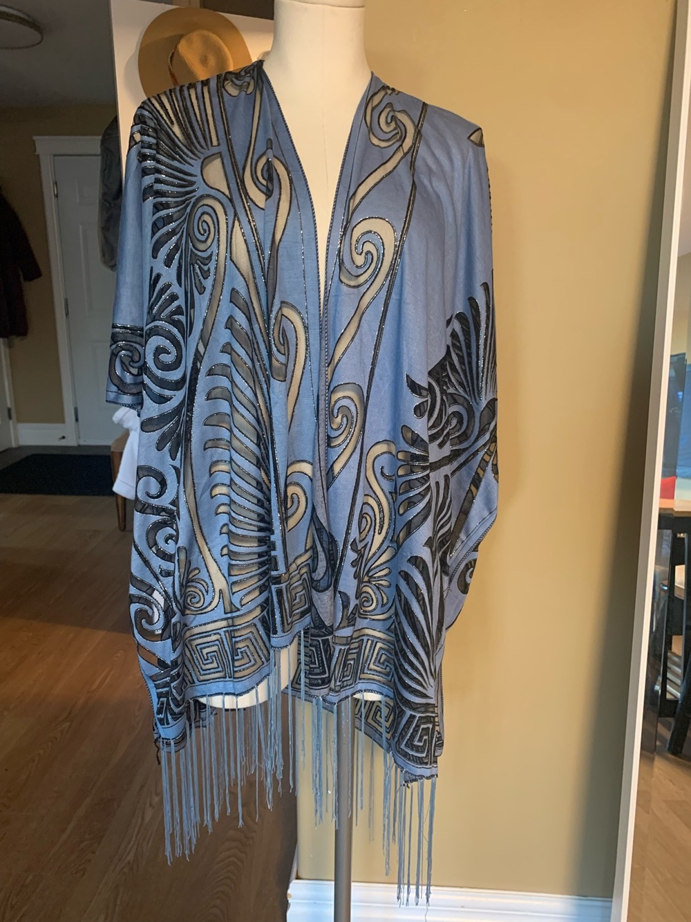 Light Blue Fringe Kimono Jacket with Black Scroll Print
